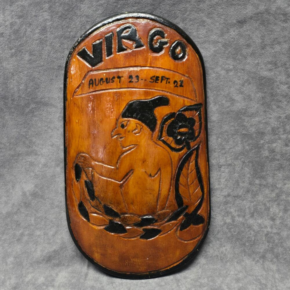 Primitive Handmade Wooden Virgo Astrological Zodiac Sign Horoscope Wall Plaque
